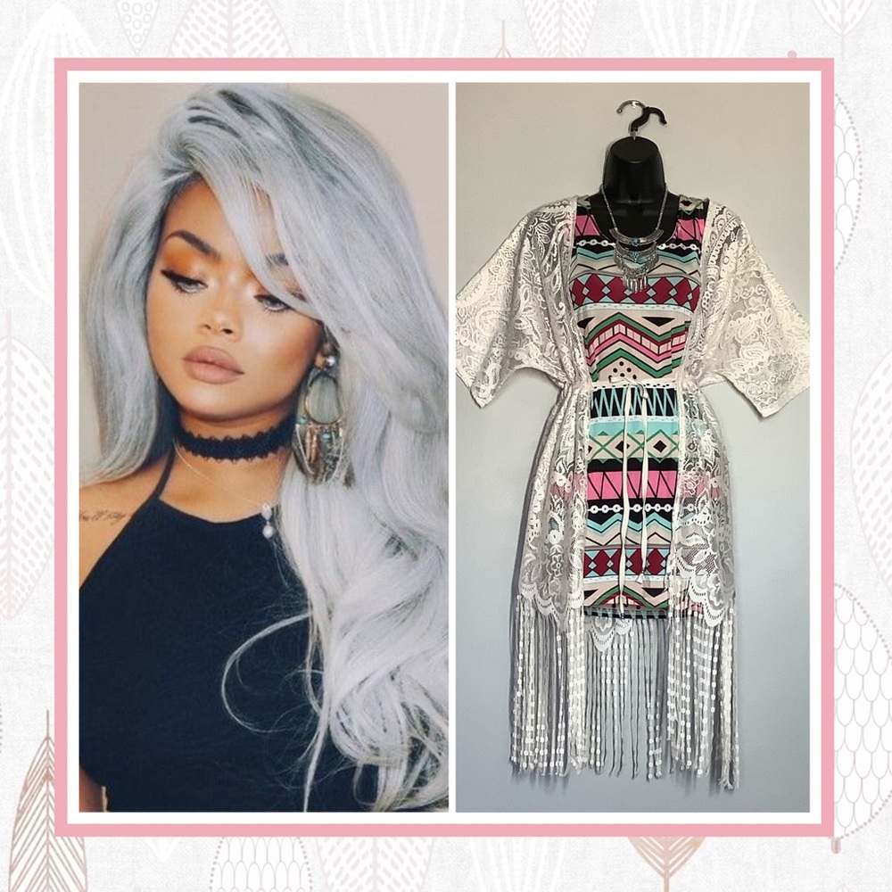 🌸 3PC BOHO DRESS FRINGE ROBE NECKLACE PETITE LEAF PASTEL WHITE SHORT LACE MIDI